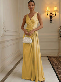 Chiffon A-Line/Princess V-Neck Floor-Length Formal Dresses with Ruched Waist