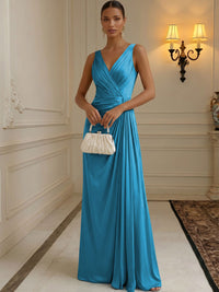 Chiffon A-Line/Princess V-Neck Floor-Length Formal Dresses with Ruched Waist