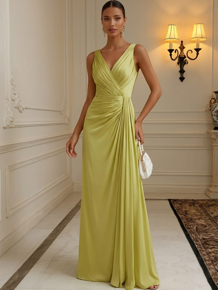 Chiffon A-Line/Princess V-Neck Floor-Length Formal Dresses with Ruched Waist