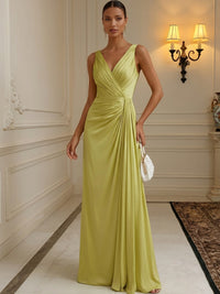 Chiffon A-Line/Princess V-Neck Floor-Length Formal Dresses with Ruched Waist
