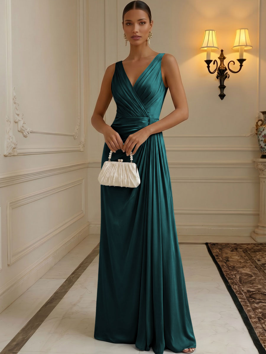 Chiffon A-Line/Princess V-Neck Floor-Length Formal Dresses with Ruched Waist