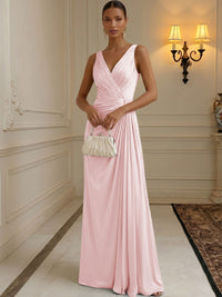 Chiffon A-Line/Princess V-Neck Floor-Length Formal Dresses with Ruched Waist