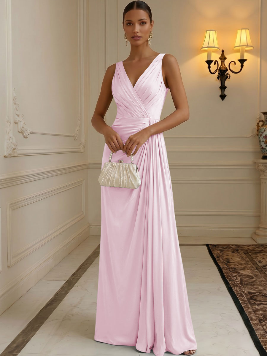 Chiffon A-Line/Princess V-Neck Floor-Length Formal Dresses with Ruched Waist