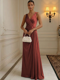Chiffon A-Line/Princess V-Neck Floor-Length Formal Dresses with Ruched Waist