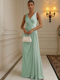 Chiffon A-Line/Princess V-Neck Floor-Length Formal Dresses with Ruched Waist