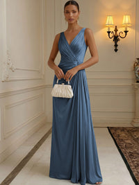 Chiffon A-Line/Princess V-Neck Floor-Length Formal Dresses with Ruched Waist