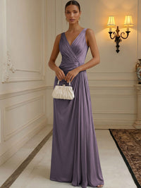 Chiffon A-Line/Princess V-Neck Floor-Length Formal Dresses with Ruched Waist