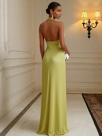 Chiffon Sheath/Column Halter Floor-Length Formal Dresses with Ruffles & Ruched Waist