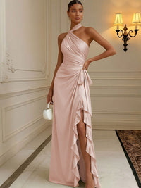 Chiffon Sheath/Column Halter Floor-Length Formal Dresses with Ruffles & Ruched Waist