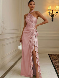 Chiffon Sheath/Column Halter Floor-Length Formal Dresses with Ruffles & Ruched Waist