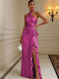 Chiffon Sheath/Column Halter Floor-Length Formal Dresses with Ruffles & Ruched Waist