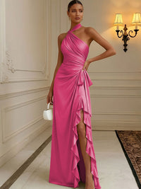 Chiffon Sheath/Column Halter Floor-Length Formal Dresses with Ruffles & Ruched Waist
