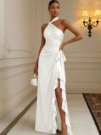 Chiffon Sheath/Column Halter Floor-Length Formal Dresses with Ruffles & Ruched Waist