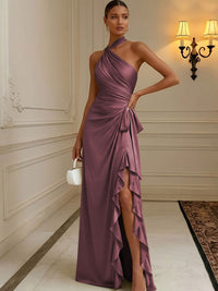 Chiffon Sheath/Column Halter Floor-Length Formal Dresses with Ruffles & Ruched Waist