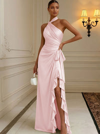 Chiffon Sheath/Column Halter Floor-Length Formal Dresses with Ruffles & Ruched Waist