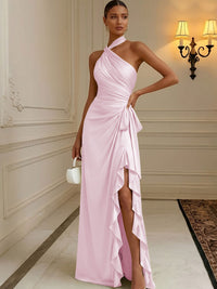 Chiffon Sheath/Column Halter Floor-Length Formal Dresses with Ruffles & Ruched Waist