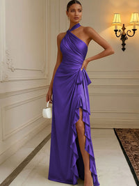 Chiffon Sheath/Column Halter Floor-Length Formal Dresses with Ruffles & Ruched Waist