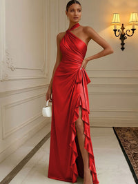 Chiffon Sheath/Column Halter Floor-Length Formal Dresses with Ruffles & Ruched Waist