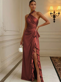 Chiffon Sheath/Column Halter Floor-Length Formal Dresses with Ruffles & Ruched Waist