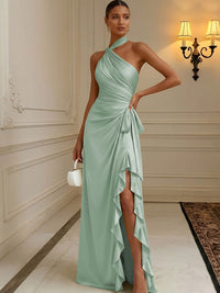 Chiffon Sheath/Column Halter Floor-Length Formal Dresses with Ruffles & Ruched Waist