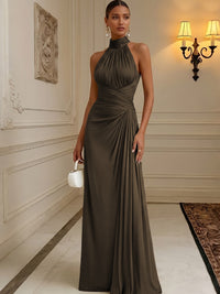 Chiffon A-Line/Princess High Neck Floor-Length Formal Dresses with Pleats