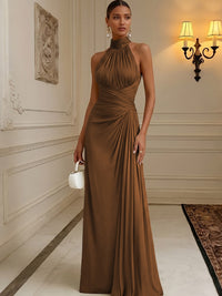 Chiffon A-Line/Princess High Neck Floor-Length Formal Dresses with Pleats