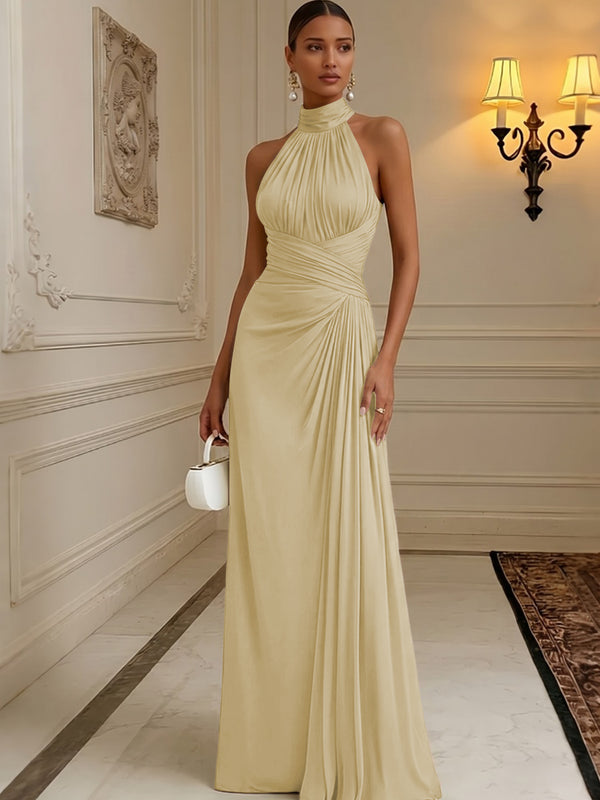 Chiffon A-Line/Princess High Neck Floor-Length Formal Dresses with Pleats