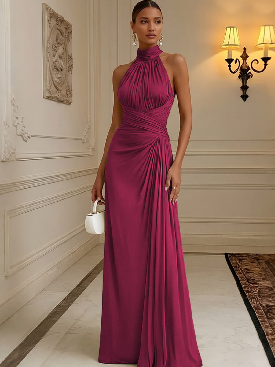 Chiffon A-Line/Princess High Neck Floor-Length Formal Dresses with Pleats