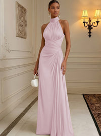 Chiffon A-Line/Princess High Neck Floor-Length Formal Dresses with Pleats