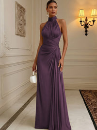 Chiffon A-Line/Princess High Neck Floor-Length Formal Dresses with Pleats