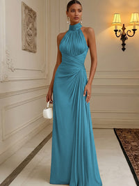 Chiffon A-Line/Princess High Neck Floor-Length Formal Dresses with Pleats
