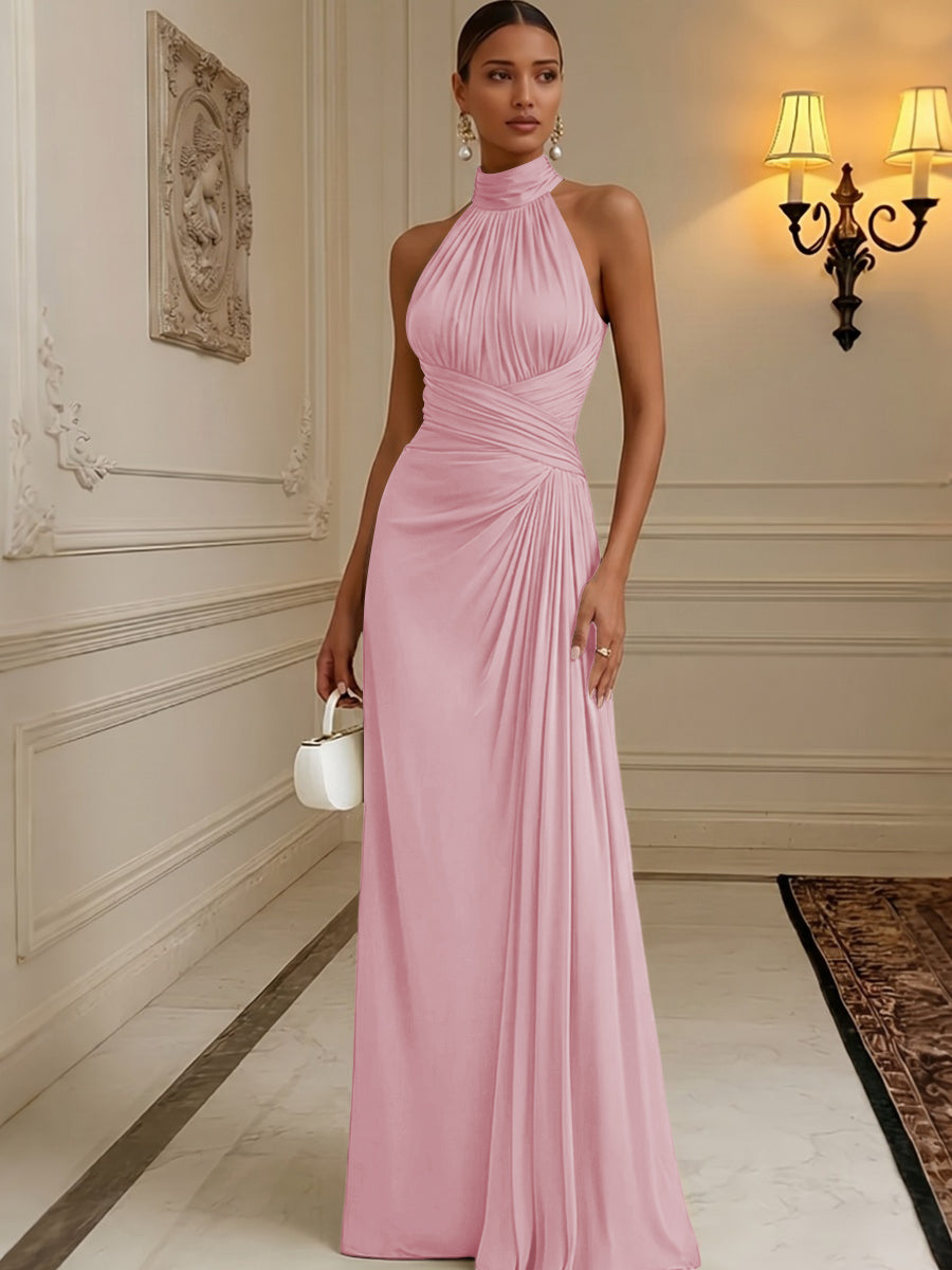 Chiffon A-Line/Princess High Neck Floor-Length Formal Dresses with Pleats