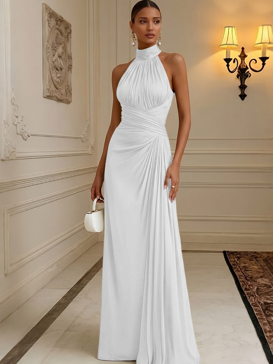 Chiffon A-Line/Princess High Neck Floor-Length Formal Dresses with Pleats