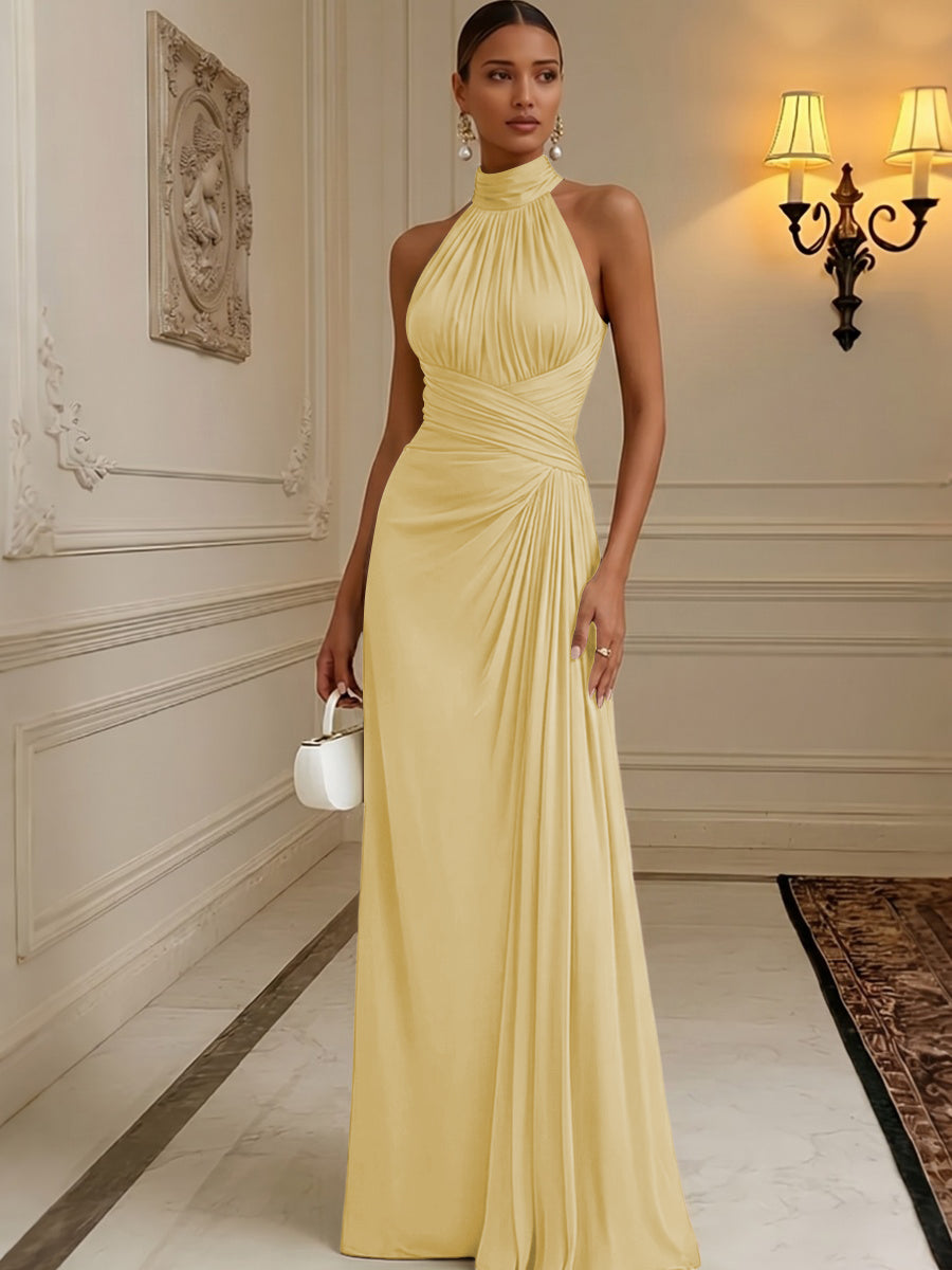 Chiffon A-Line/Princess High Neck Floor-Length Formal Dresses with Pleats