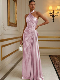 Metallic Satin A-Line/Princess Halter Floor-Length Formal Dresses with Pleats