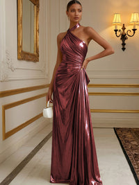 Metallic Satin A-Line/Princess Halter Floor-Length Formal Dresses with Pleats