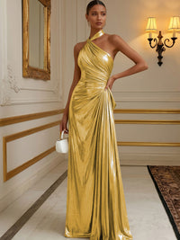 Metallic Satin A-Line/Princess Halter Floor-Length Formal Dresses with Pleats
