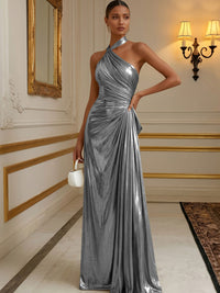 Metallic Satin A-Line/Princess Halter Floor-Length Formal Dresses with Pleats