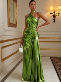 Metallic Satin A-Line/Princess Halter Floor-Length Formal Dresses with Pleats