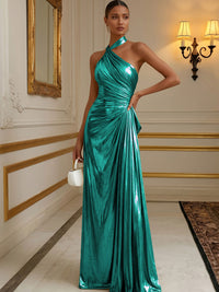 Metallic Satin A-Line/Princess Halter Floor-Length Formal Dresses with Pleats