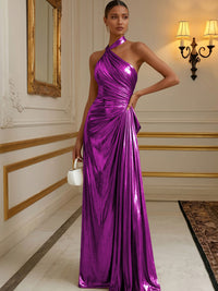 Metallic Satin A-Line/Princess Halter Floor-Length Formal Dresses with Pleats