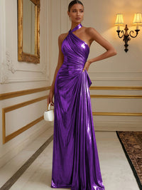 Metallic Satin A-Line/Princess Halter Floor-Length Formal Dresses with Pleats