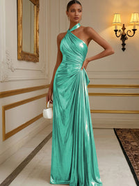 Metallic Satin A-Line/Princess Halter Floor-Length Formal Dresses with Pleats