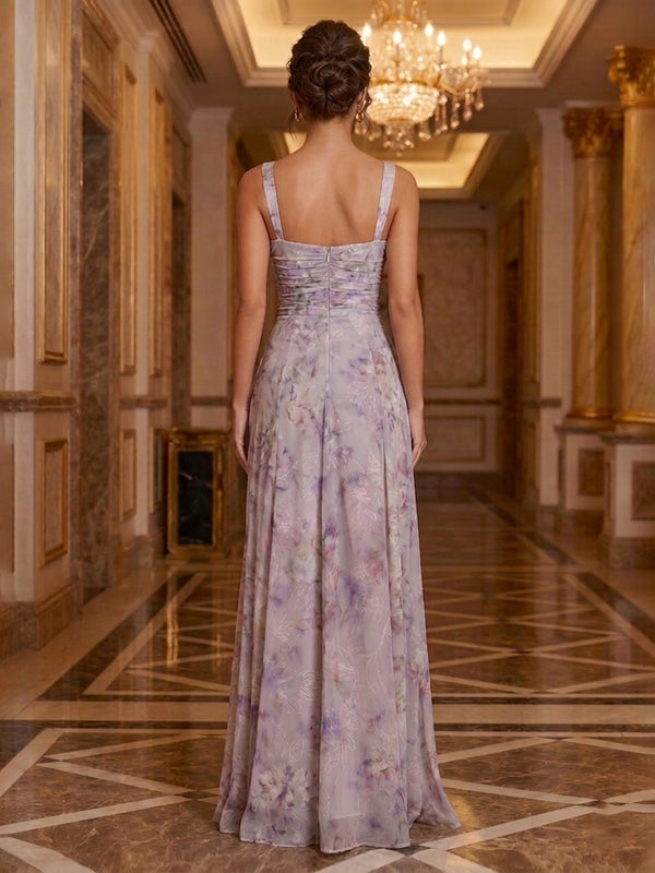 Floral Print A-Line/Princess Square Neck Floor-Length Formal Dresses with Ruched Waist