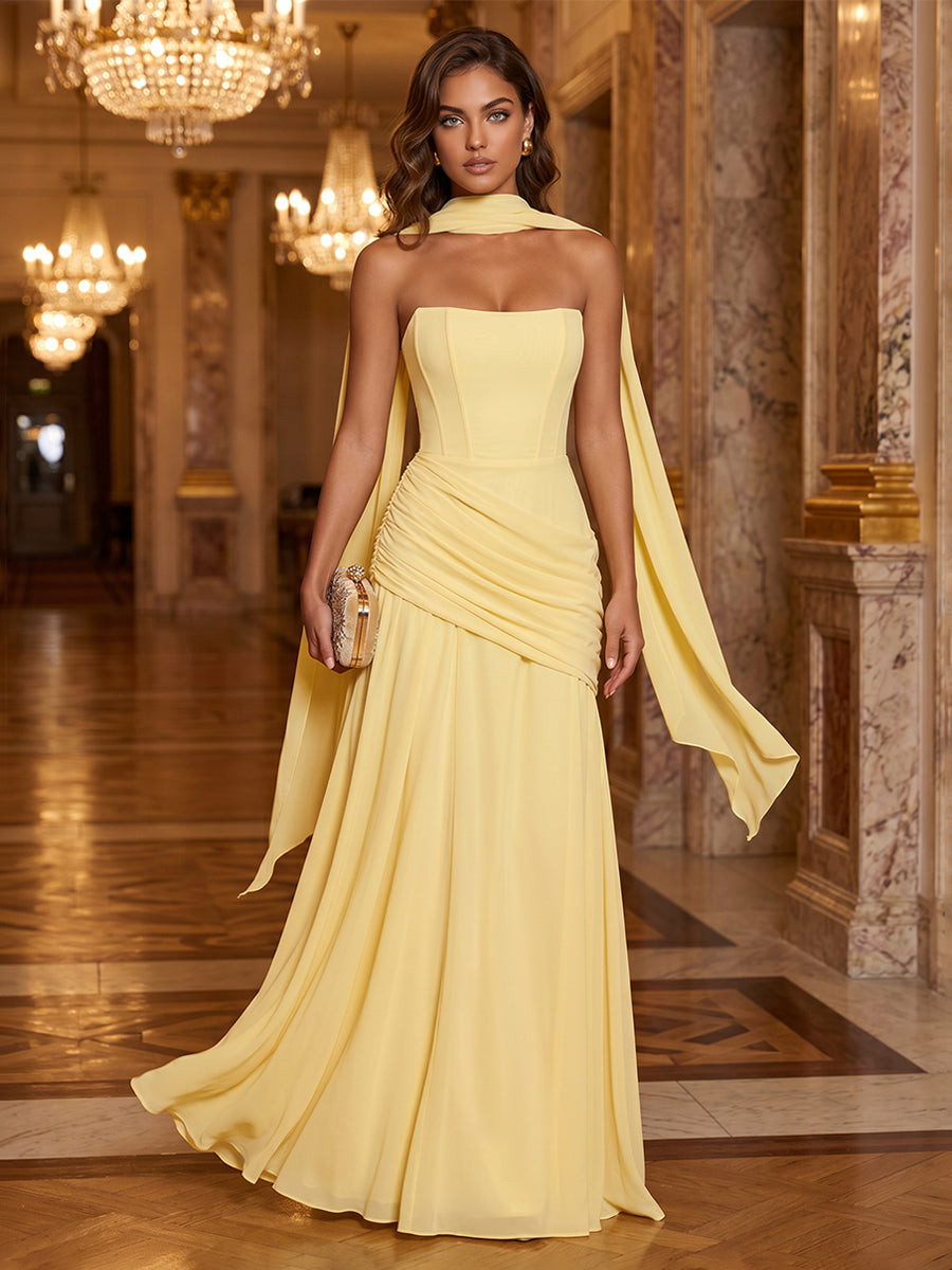 Yellow Formal Evening Dresses 2026 for Elegant Women A-Line Strapless Sleeveless Floor-Length Corset Ruched Chiffon Wedding Guest Gown with Scarf