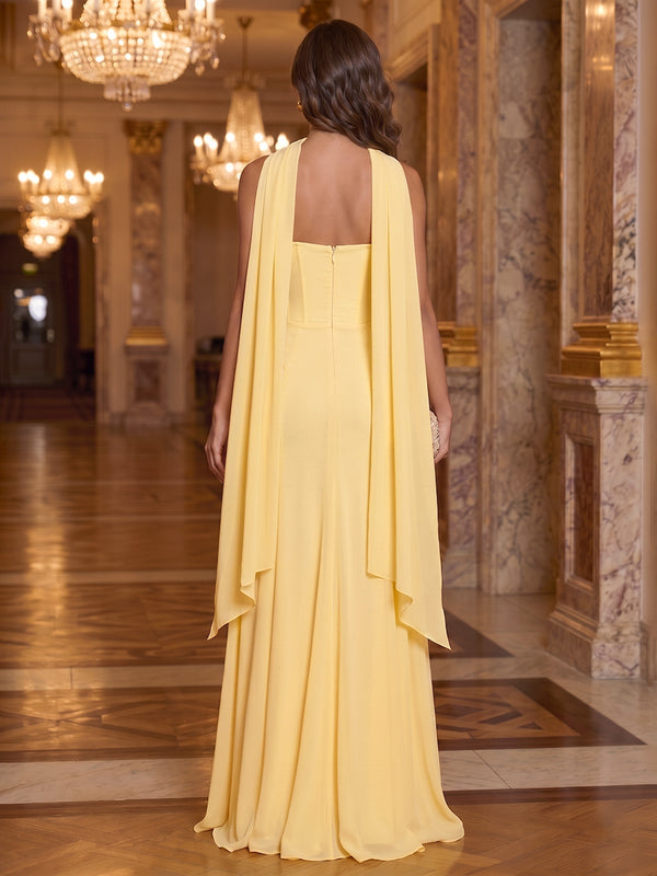 Chiffon A-Line/Princess Strapless Floor-Length Formal Dresses with Ruched Waist, Corset & Scarf