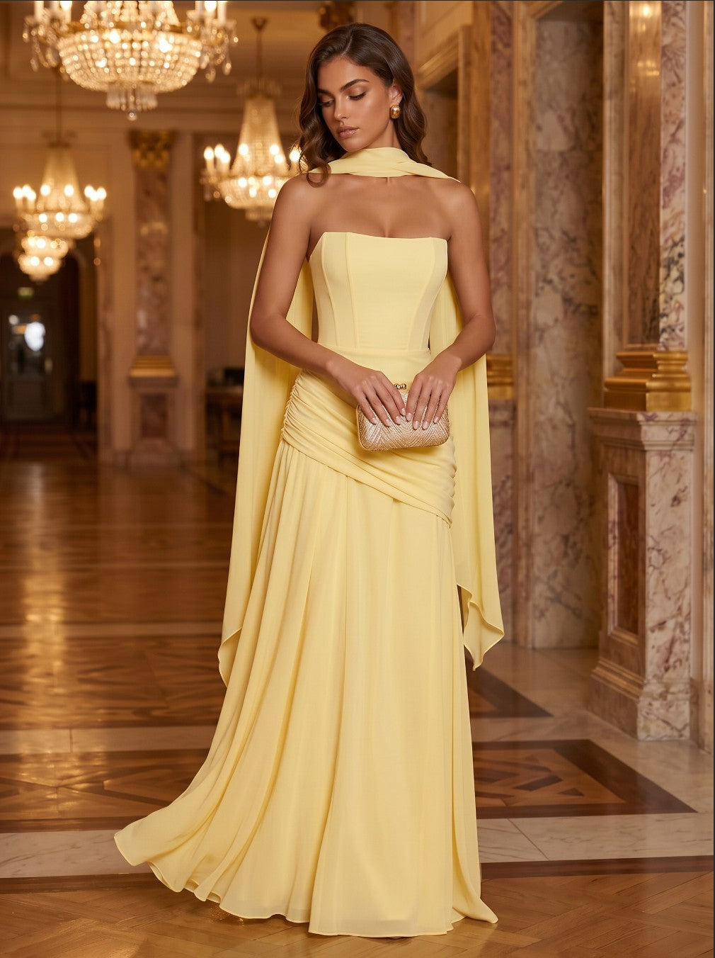 Chiffon A-Line/Princess Strapless Floor-Length Formal Dresses with Ruched Waist, Corset & Scarf
