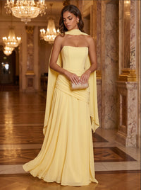 Chiffon A-Line/Princess Strapless Floor-Length Formal Dresses with Ruched Waist, Corset & Scarf