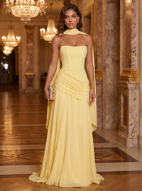Chiffon A-Line/Princess Strapless Floor-Length Formal Dresses with Ruched Waist, Corset & Scarf