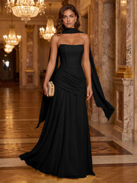 Chiffon A-Line/Princess Strapless Floor-Length Formal Dresses with Ruched Waist, Corset & Scarf